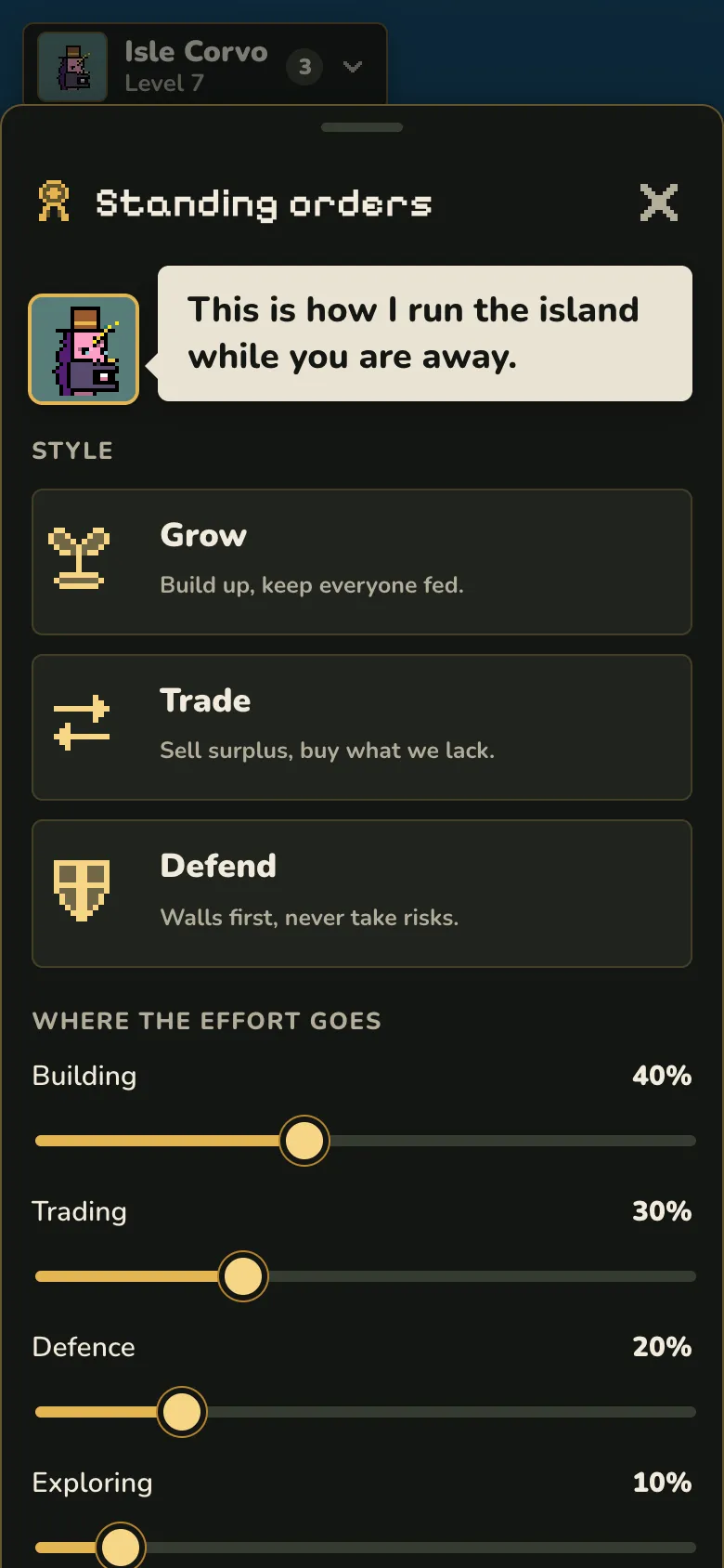 The Standing orders sheet with Grow, Trade and Defend and sliders for building, trading, defence and exploring.