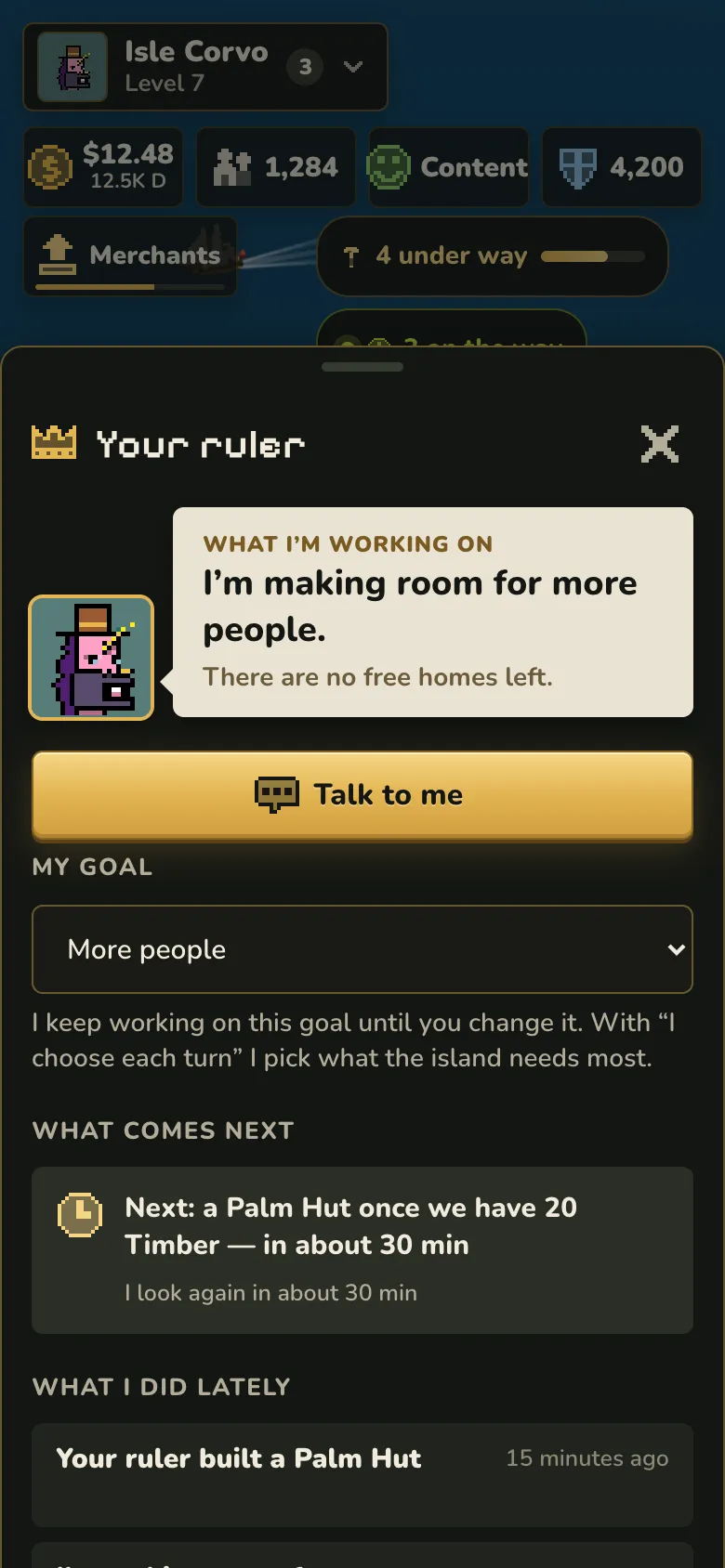 The Your ruler sheet: it is making room for more people, its goal is More people, and it plans a Palm Hut next.