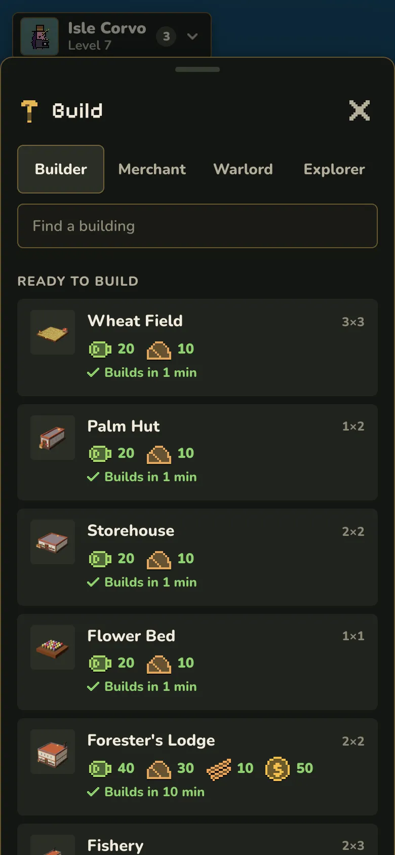 The Build menu with Builder, Merchant, Warlord and Explorer tabs and a list of buildings with their costs.