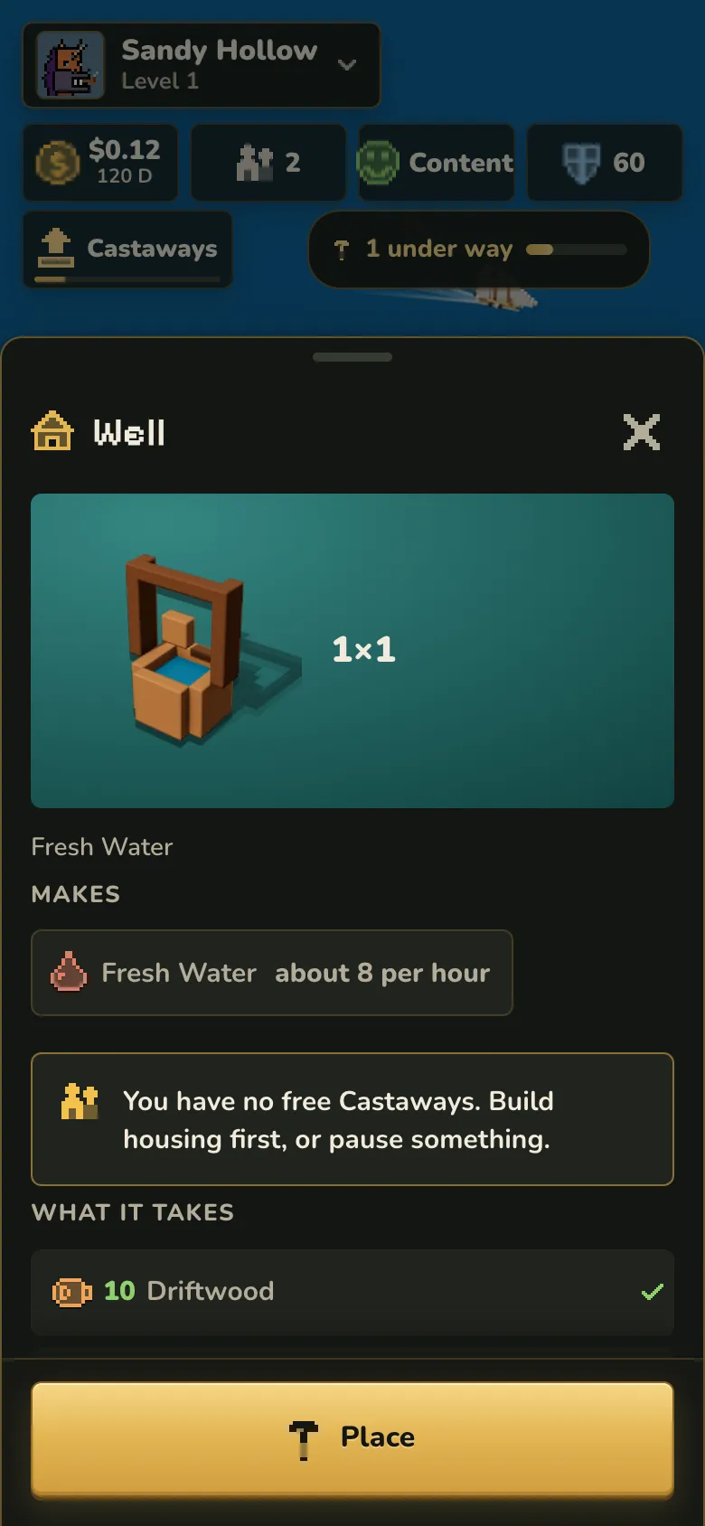 The Well’s sheet: it makes about 8 Fresh Water per hour and costs 10 Driftwood. A note says there are no free Castaways to work it.
