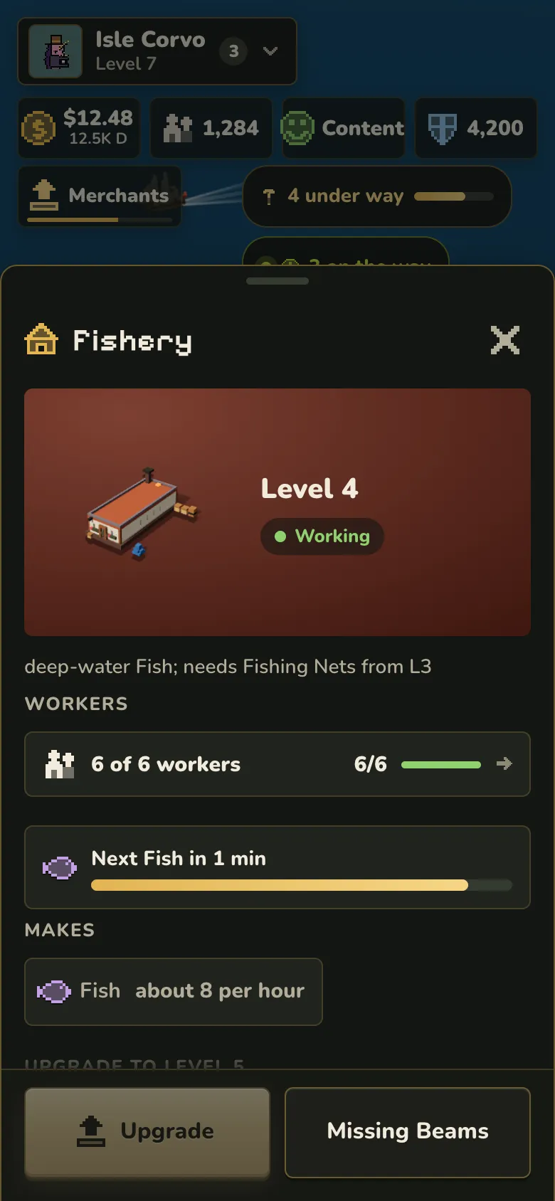A Fishery at level 4, working, with 6 of 6 workers and the time to its next Fish.