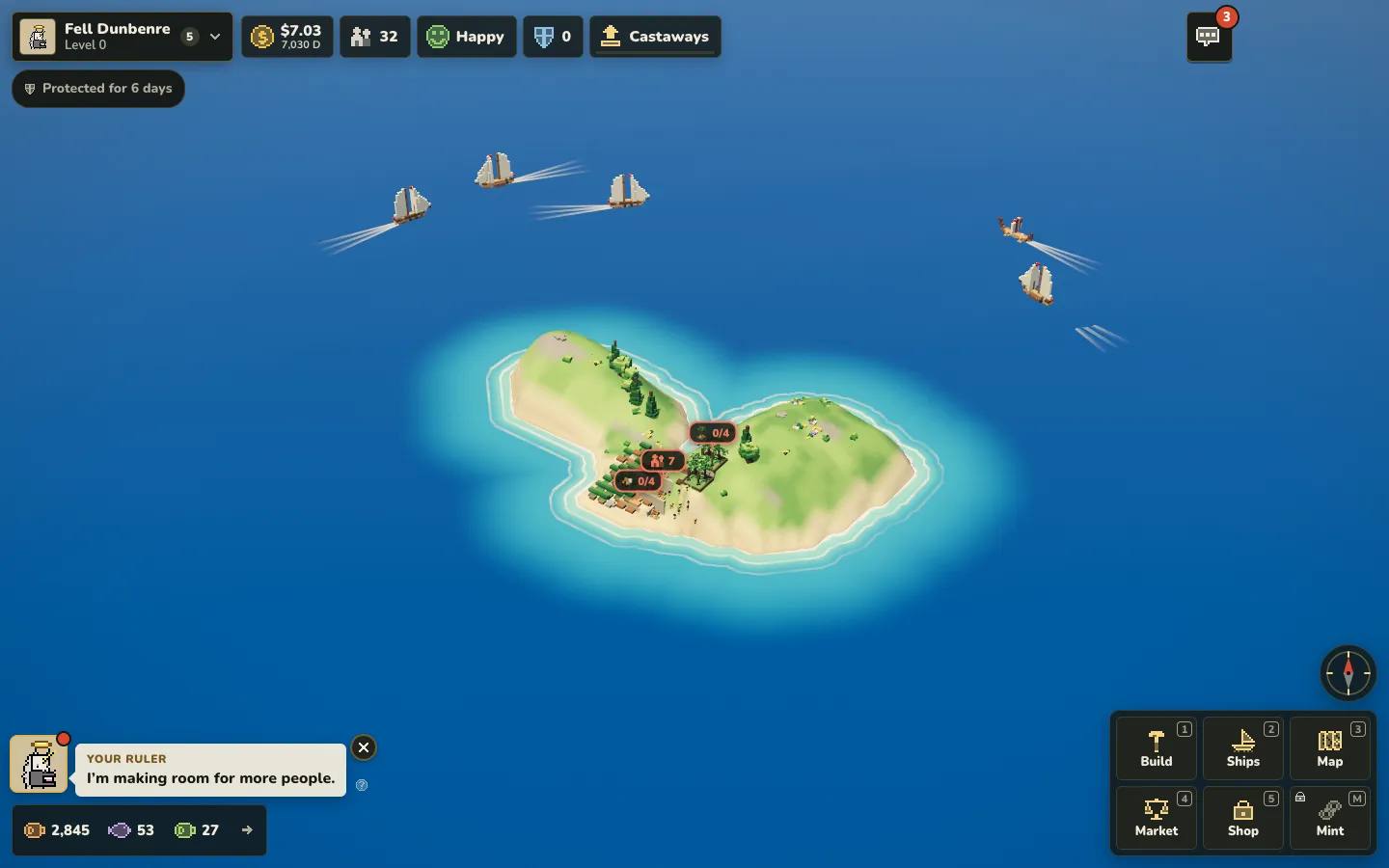 A green Highland island on a blue sea, seen from above, with sailing ships around it.