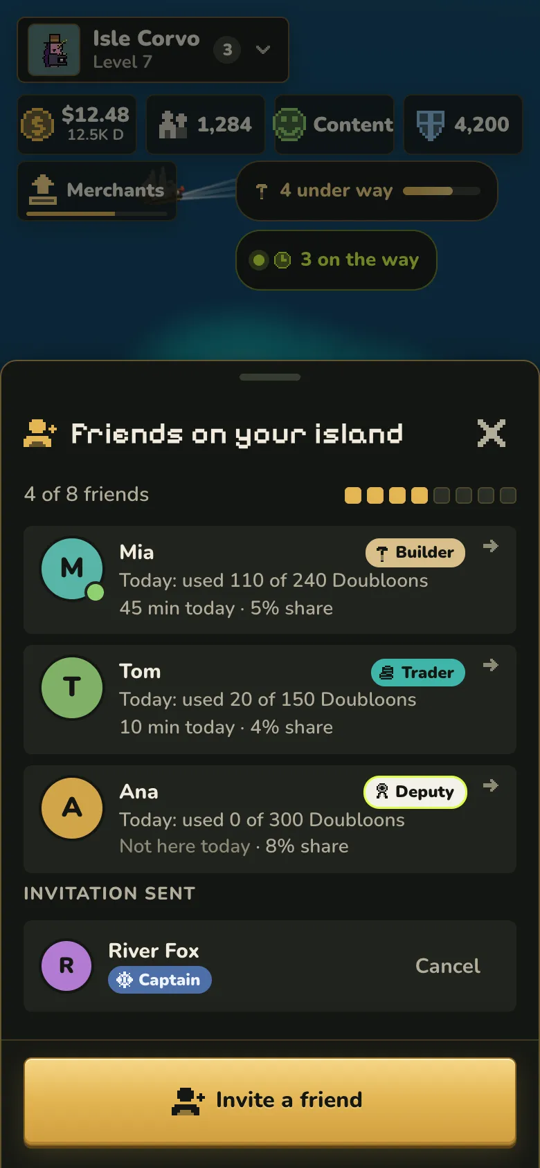 The Friends on your island sheet showing 4 of 8 seats used, with a Builder, a Trader and a Deputy, and one invitation sent.