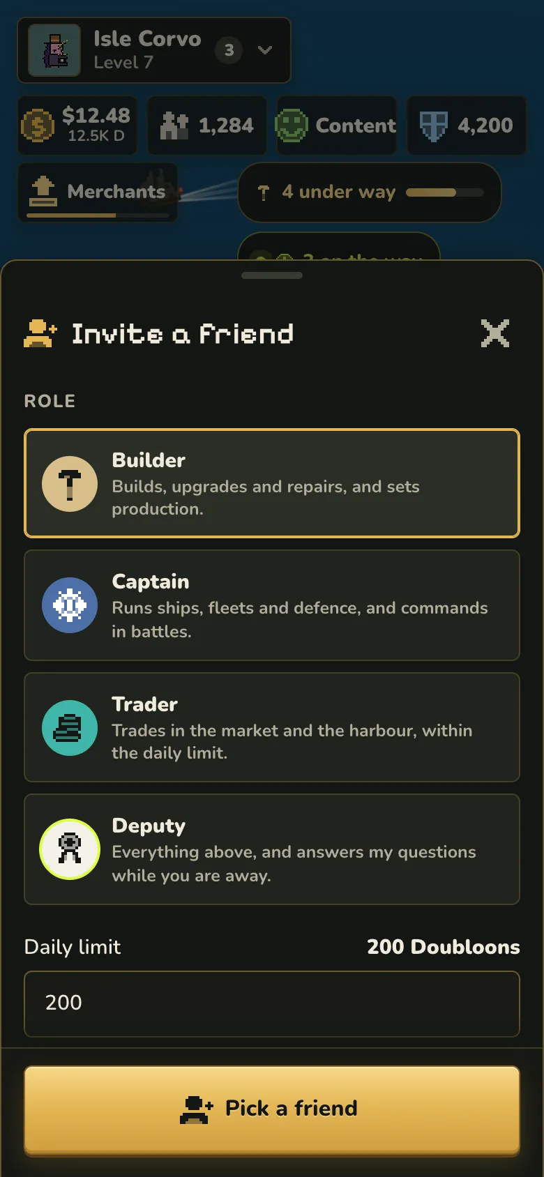 The Invite a friend sheet with the four roles Builder, Captain, Trader and Deputy and a daily limit of 200 Doubloons.