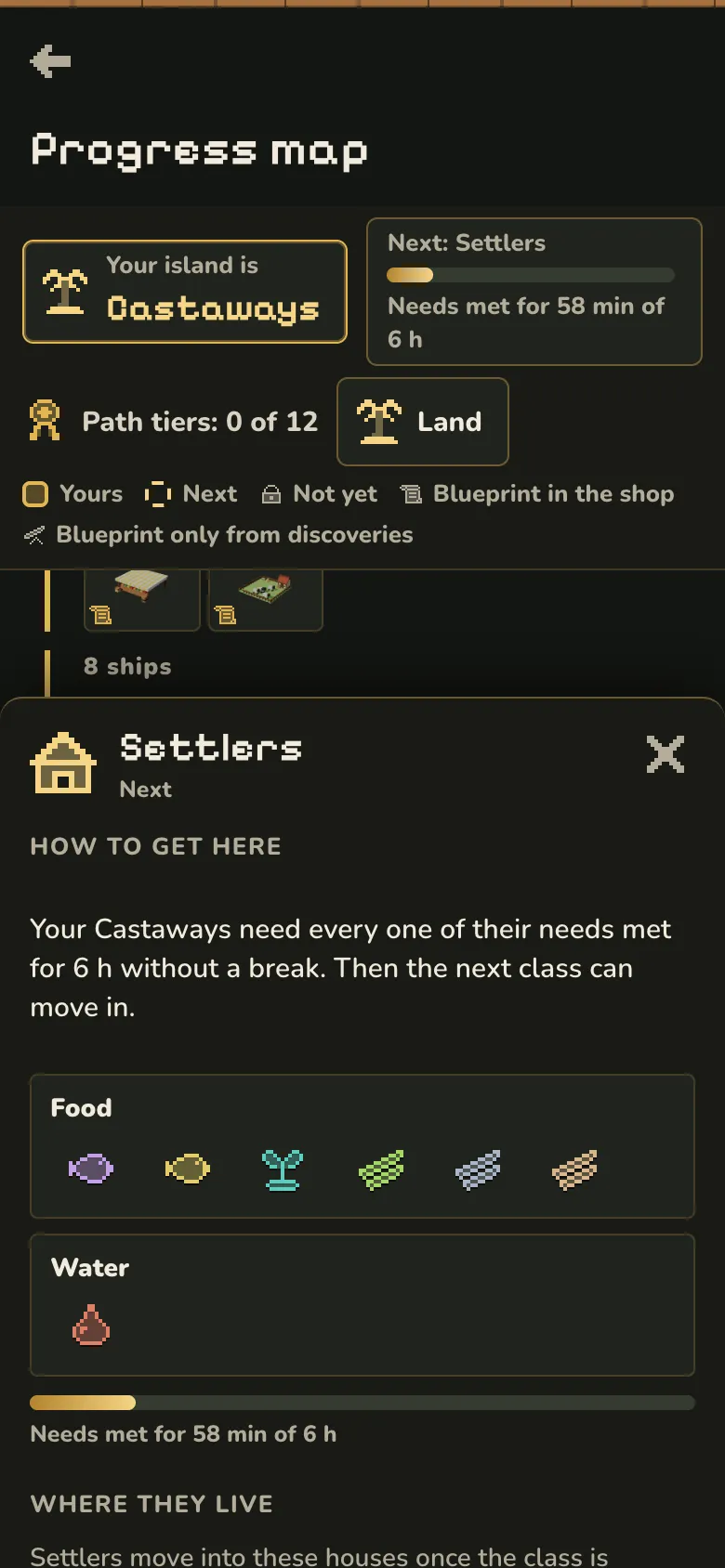 The Progress map with Settlers selected. It says the Castaways need food and water for 6 hours without a break.