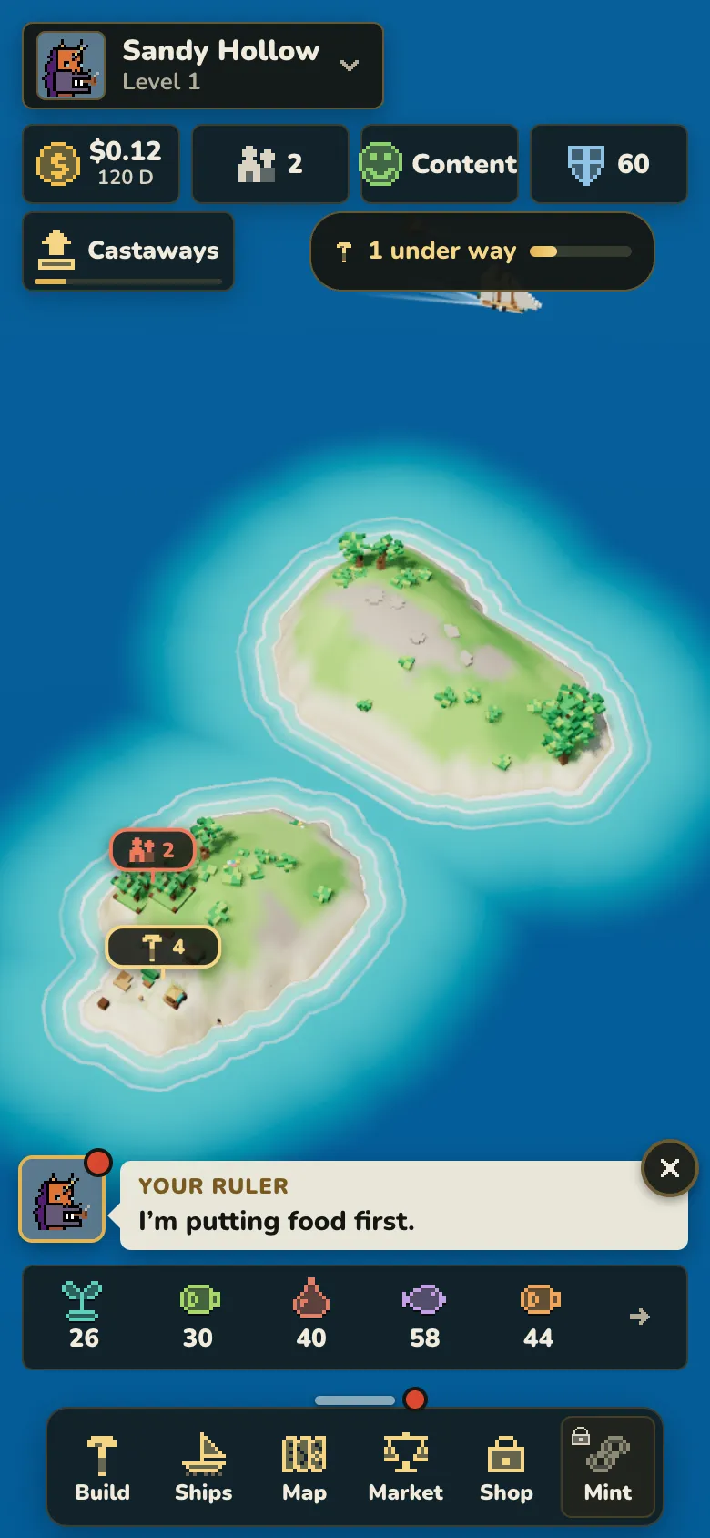 A small green island at the start of the game, with the ruler’s note “I’m putting food first” and the Build, Ships, Map, Market and Shop buttons.
