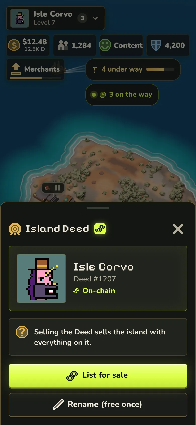 The Island Deed sheet with the island’s name, its Deed number, an On-chain mark and the buttons List for sale and Rename.