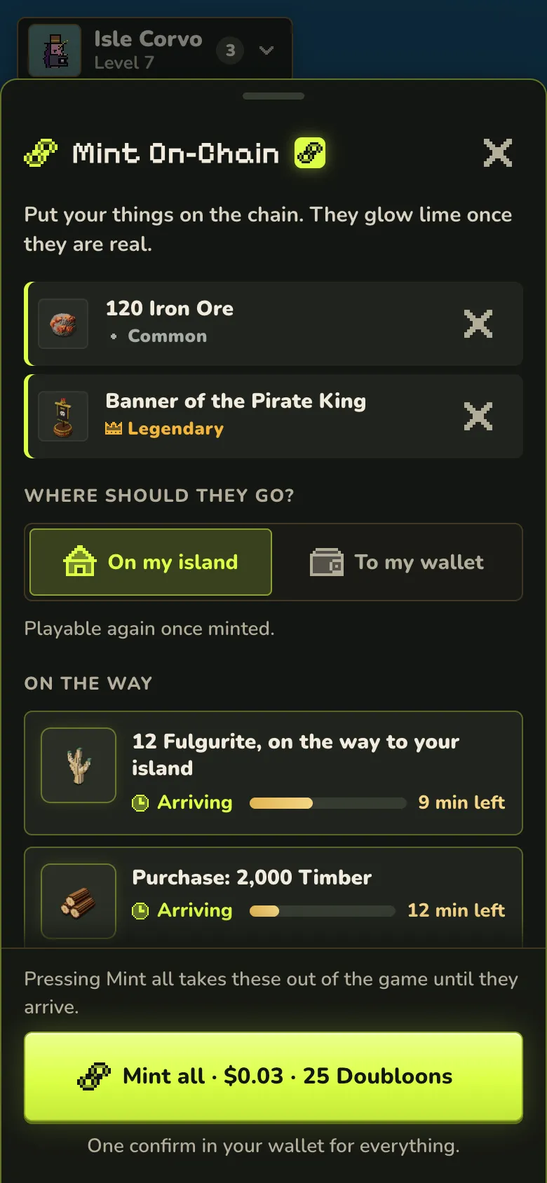 The Mint On-Chain sheet with two items, the choice between On my island and To my wallet, and a Mint all button showing 25 Doubloons.