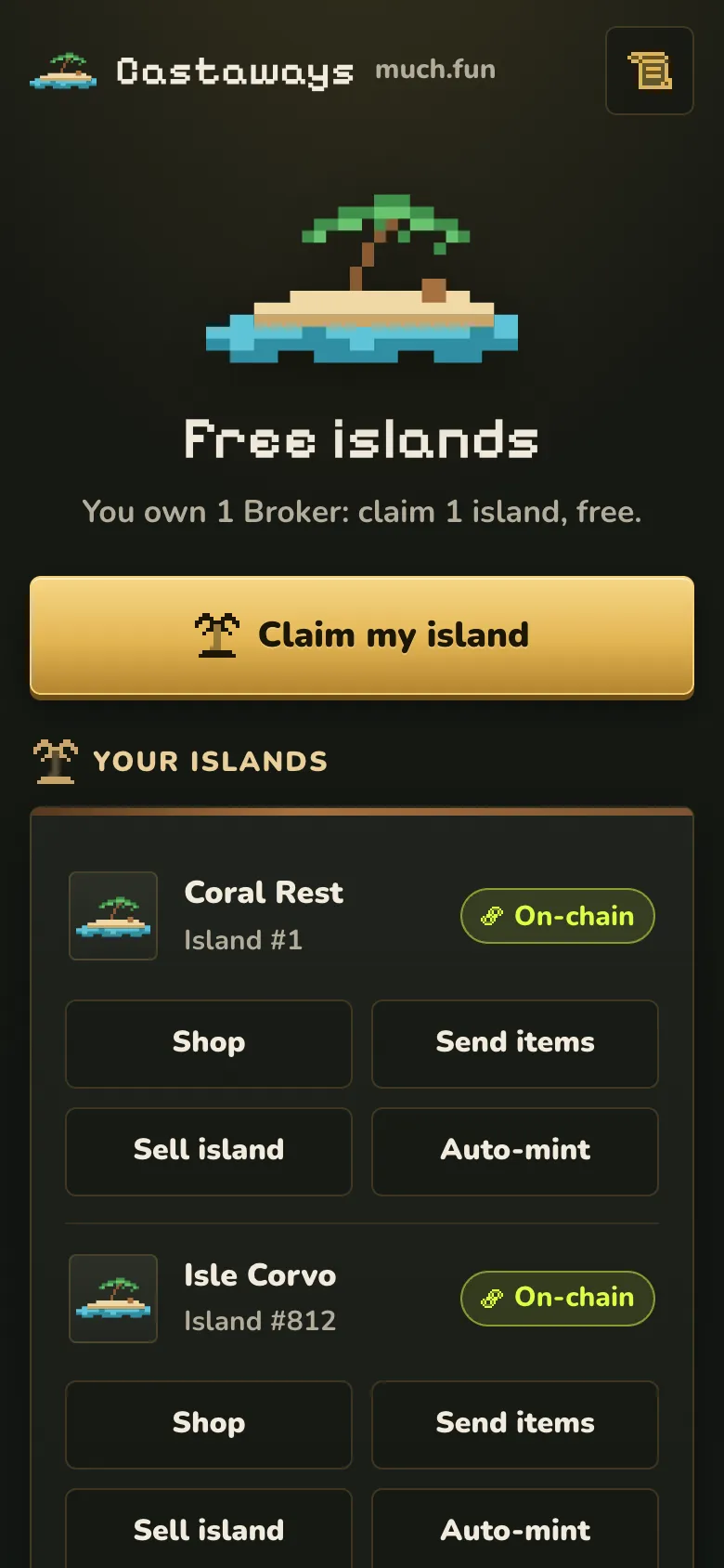 The website home page with a Claim my island button and two islands, each with Shop, Send items, Sell island and Auto-mint.