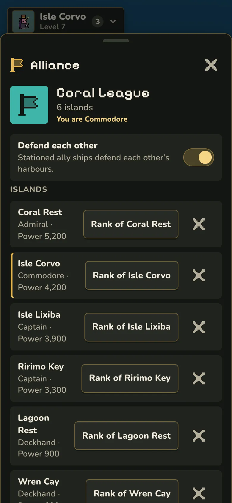 The Alliance sheet with Defend each other switched on and a list of member islands with their ranks.