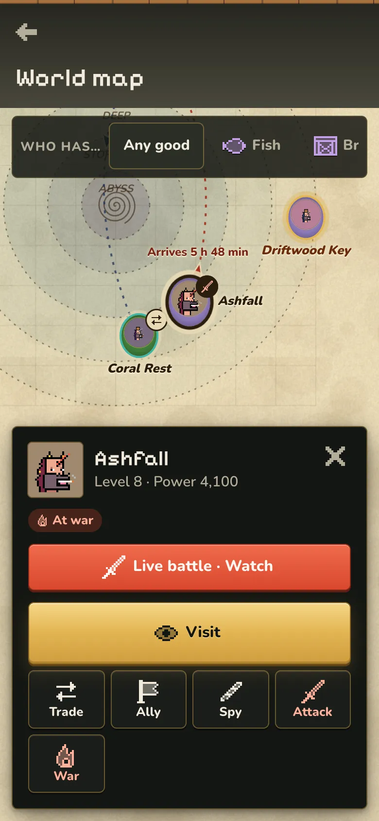 The World map with one island selected and buttons for Visit, Trade, Ally, Spy, Attack and War.