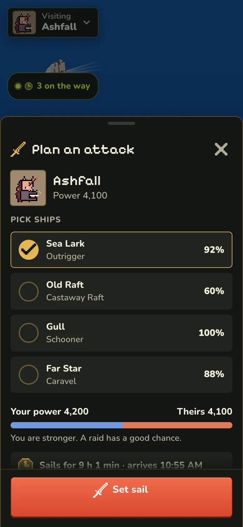 The attack planner with one ship picked, a power bar and a Set sail button.